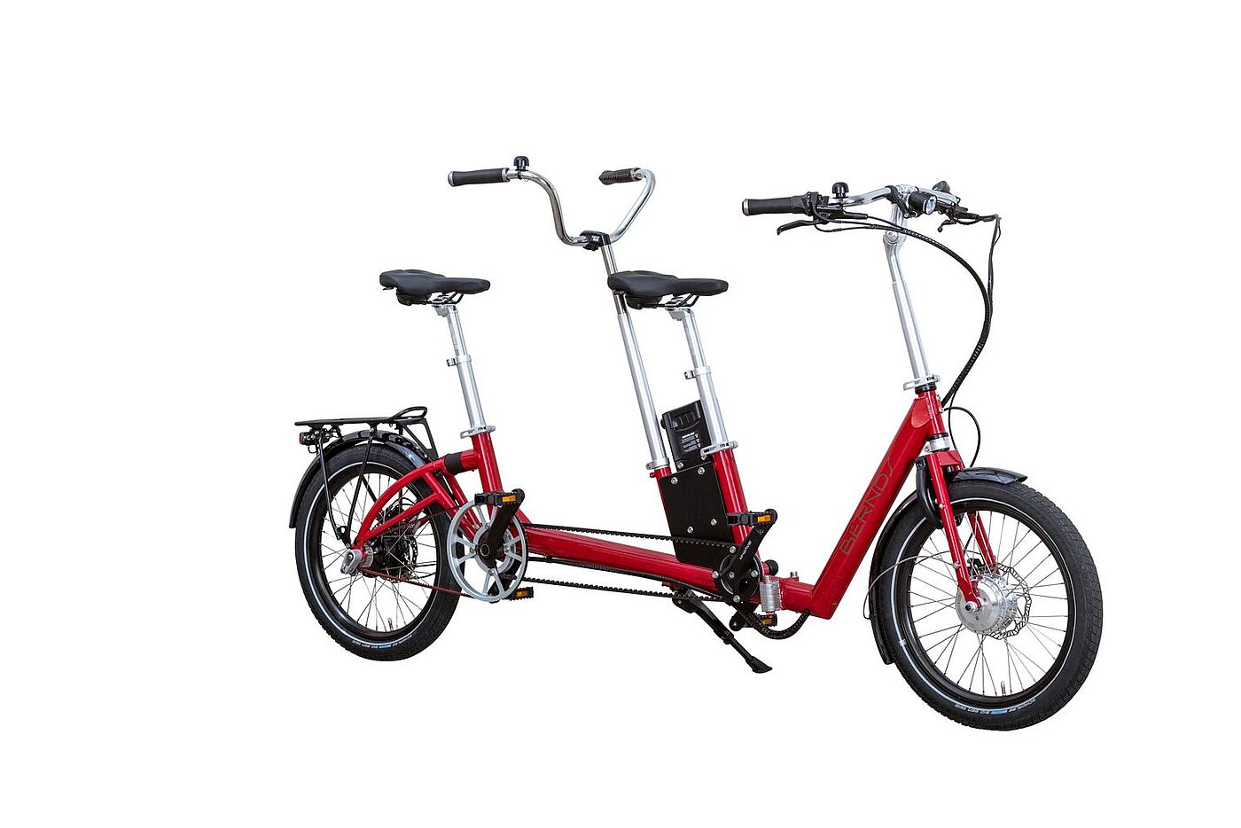 Freisteller eines Tandems, das sich auch für die Mitnahme von Kindern eignet